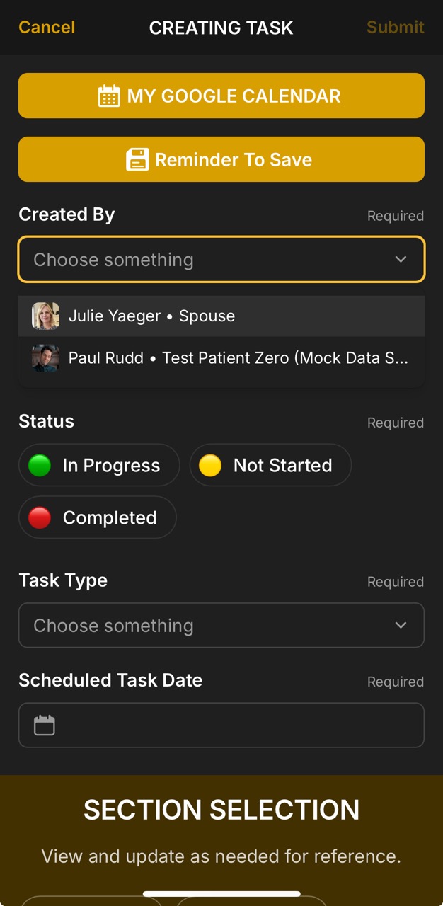 Create Task Page (Created By Option)